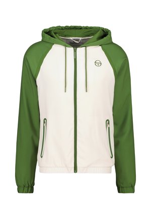 Hooded jacket met witte body en groene mouwen, volledige voorkant rits, twee ritszakken aan de zijkanten en elastische manchetten. Glad stofoppervlak.