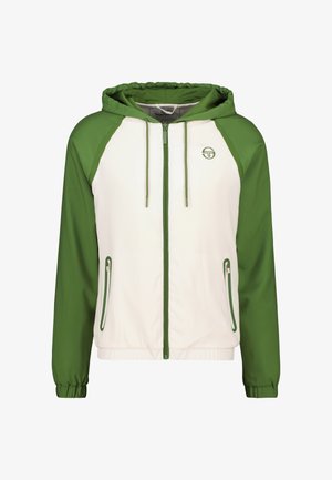 Hooded jacket met witte body en groene mouwen, volledige voorkant rits, twee ritszakken aan de zijkanten en elastische manchetten. Glad stofoppervlak.