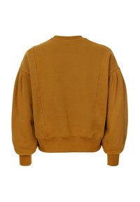 Mosterdgele pullover sweatshirt met een ronde halslijn, gather-mouwen en geribde manchetten. Gladde stof met steekdetails aan de achterkant.