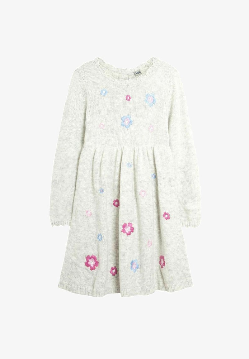 Šviesiai pilka megzta suknelė ilgomis rankovėmis, su rožinėmis ir mėlynomis gėlių siuvinėjimais, turi sukauptą juosmenį ir banguotą kaklą.