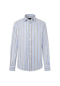 Camicia a maniche lunghe con bottoni in cotone, caratterizzata da strisce verticali blu, marroni e bianche. Presenta un colletto classico e polsini con bottoni.