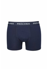 Granatowe slipy męskie o dopasowanym kroju, wykonane z miękkiego, elastycznego materiału. Posiadają logowaną elastyczną kieszonkę z napisem "PRÓCHNIK" w białym kolorze.