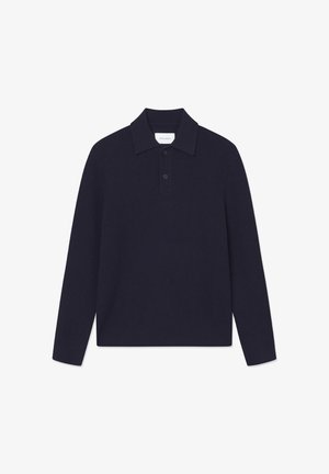Navy ribbed long-sleeve polo shirt with a collared neck, three-button placket, and a relaxed fit. Made from soft, textured fabric.