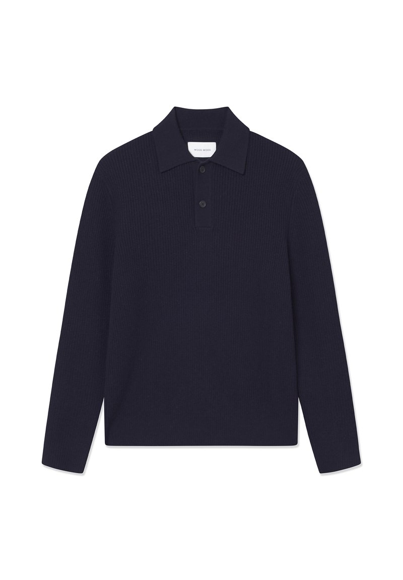 Polo shirt a maniche lunghe a coste di colore blu navy, con colletto, placchetta a tre bottoni e vestibilità rilassata. Realizzato in tessuto morbido e strutturato.