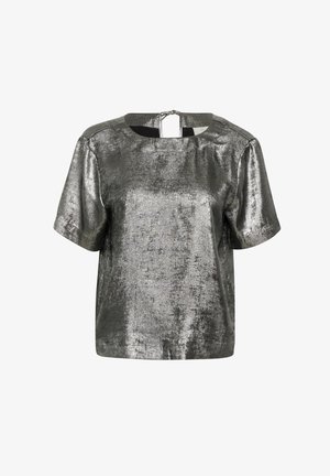 Metallic silver short-sleeve top with a round neckline, features a keyhole closure at the back, and a smooth, textured surface.