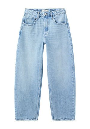 Svetlo modre kavbojke z visokim pasom in ravnimi hlačnicami, z žepi spredaj, zankami za pas in zapenjanjem na gumb.