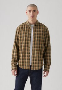 Leichtes kariertes Hemd in Braun, Grün und Beige. Mit einem Knopfkragen, langen Ärmeln und einem geraden Saum. Wird über einem weißen Shirt getragen.