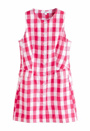 Ärmelloses pink-weiß kariertes Kleid mit Knöpfen vorne und Taschen in der Taille, aus leichtem Stoff gefertigt.