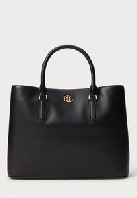 Czarna skórzana torba typu tote z dwoma górnymi uchwytami, z złotym logo na przodzie i gładkim, usztywnionym designem.