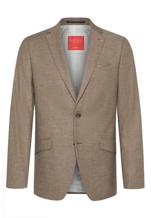 Brauner strukturierter Blazer mit einem einreihigen Knopfverschluss, Reverskragen, zwei Vordertaschen und einer Innenauskleidung in Hellgrau. Rotes Etikett innen.