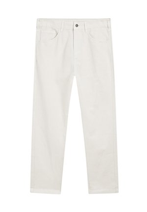 Light-colored, straight-leg trousers with front pockets and a classic button closure, displayed flat against a neutral background.