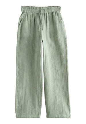 Light green wide-leg pants with elastic waistband, drawstring tie, and two front patch pockets, made of textured fabric.