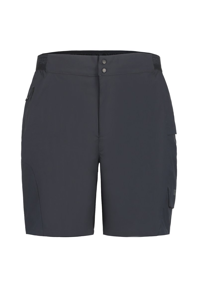 Mörkgrå shorts i ett mjukt, lätt tyg. Utrustad med två framknappar, sidofickor och en logotyp på midjebandet. Normal passform och knälängd.