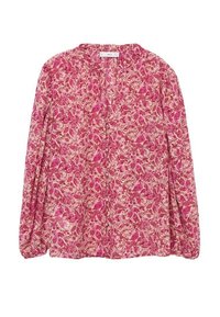 Blusa de manga larga, ligera, con un patrón floral en tonos de rosa sobre un fondo crema. Cuenta con un escote fruncido y una tela suave y texturada.