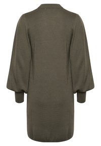 Långärmad, olivgrön stickad klänning med hög halsringning och ballongärmar, med rak skärning och ribbade manschetter.