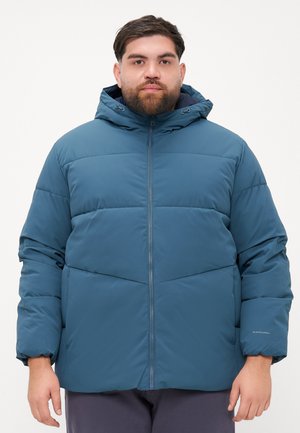 Blue puffer jacket with a hood, featuring a front zipper, quilted design, and elasticized cuffs. Made from a smooth, lightweight fabric.