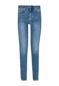 Jeans de mezclilla azul ajustados con cintura media, diseño de cinco bolsillos y cierre de botón. Acabado limpio, con detalles desgastados en los muslos frontales.