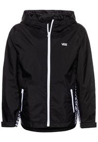 Czarna kurtka z kapturem, zapinana na zamek z przodu, z białymi akcentami i wzorem w kratę po bokach. Wykonana z lekkiego, gładkiego materiału.