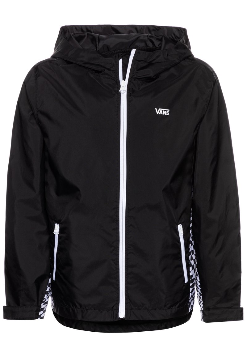 Czarna kurtka z kapturem, zapinana na zamek z przodu, z białymi akcentami i wzorem w kratę po bokach. Wykonana z lekkiego, gładkiego materiału.