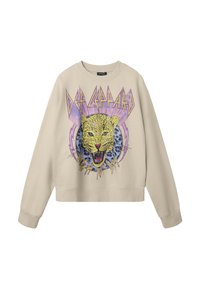 Sudadera corta beige hecha de una tela suave, que presenta un gráfico colorido de un leopardo rugiente y el texto "Def Leppard" en una fuente morada en negrita.