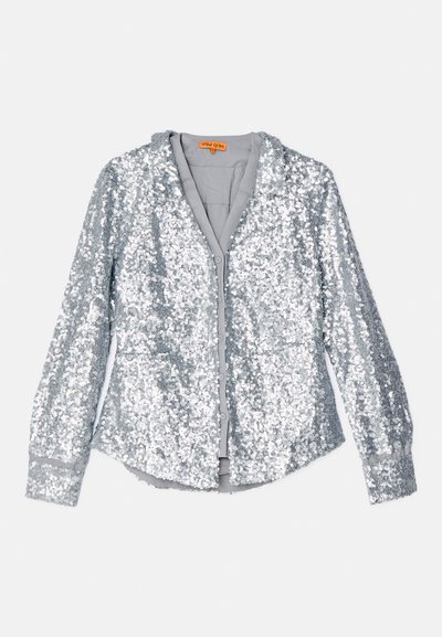 Silver sequin jacket with long sleeves, buttoned front, and a collar. Soft inner lining and elastic cuffs with a smooth texture.