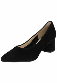 Black suede pump with a pointed toe, low block heel, and a smooth inner lining. Features a sleek, minimal design without embellishments.