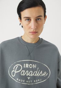Grå hettegenser med rund hals, utstyrt med en stor hvit oval grafikk som sier "IRON Paradise MADE NOT BORN." Myk tekstur.