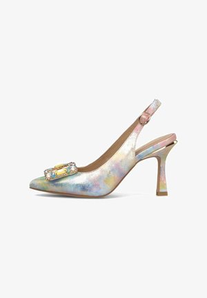 Zapato de tacón alto tipo slingback con brillo pastel multicolor, puntera puntiaguda, hebilla con joyas y correa ajustable en el tobillo con hebilla dorada.