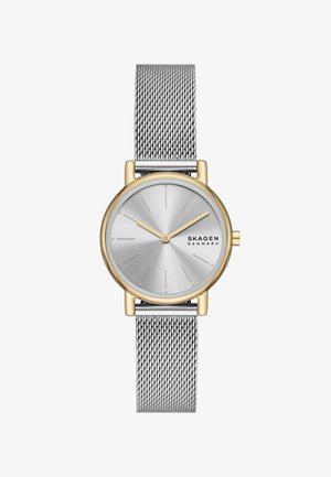 Silbernes rundes Zifferblatt mit goldenem Rahmen, minimalen Ziffernmarkierungen, goldenen Zeigern und silbernem Mesh-Armband, beschriftet mit "Skagen Denmark."