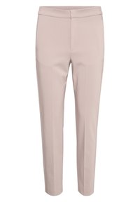 Light pink trousers made of smooth fabric, featuring a tapered leg, elastic waistband, and minimal seam detailing.