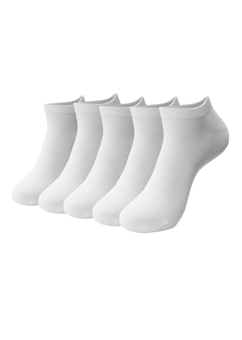 Weiße Baumwollknöchelsocken, fünf Paare in einer Reihe angezeigt. Sie verfügen über eine verstärkte Ferse und Spitze, mit einem weichen, gerippten Bündchen und einer glatten Textur.