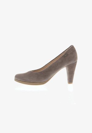 Grauer Wildleder-Pumps mit rundem Zehenbereich, mittelhohem klobigem Absatz und kleinem dekorativem Metallelement an der Außenseite.