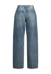 Lichtblauwe denim wijde pijpen jeans met een hoge taille, achterzakken en subtiele vervagingdetails. Afgewerkt met een klassieke zoom en minimale stiksels.