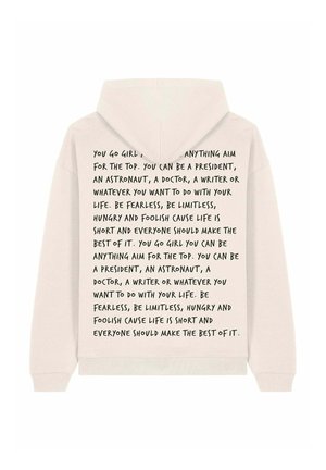 Cream hoodie featuring a large, handwritten black text design on the back, with motivational phrases and bold statements.