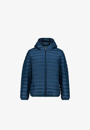 Veste matelassée bleue avec capuche, fermeture éclair intégrale à l'avant et poches latérales zippées, conçue pour le froid.