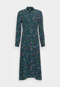 Blommig omslagsklänning i mörkblått tyg med långa ärmar och knappstängning, med flerfärgade blomstertryck och en flödande silhuett.