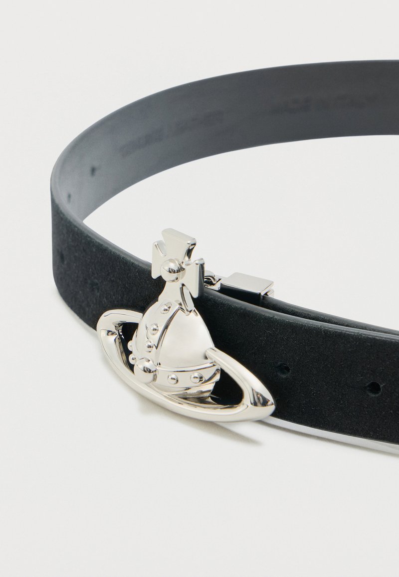 Black leather belt with a silver orb-shaped buckle featuring a cross and ring design, laid flat on a white surface.