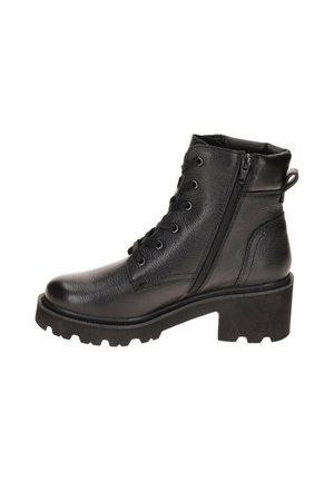Bottine en cuir noir avec talon épais, lacets à l'avant, fermeture éclair latérale et semelle texturée pour une meilleure adhérence.