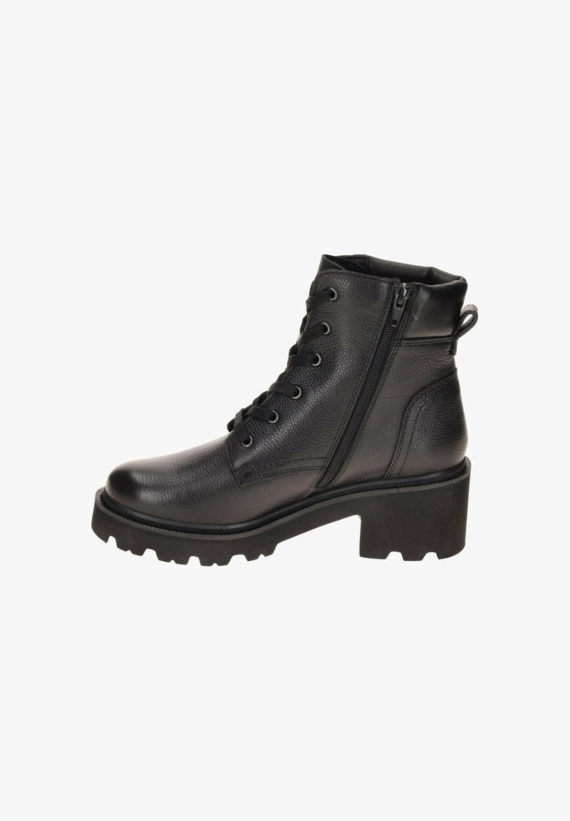 Bottine en cuir noir avec talon épais, lacets à l'avant, fermeture éclair latérale et semelle texturée pour une meilleure adhérence.