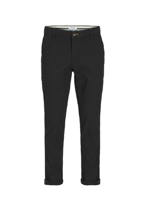 Svarta bomullsbukser med en tapered passform, med knappstängning, sidofickor och uppvikta ärmar för en strömlinjeformad look.