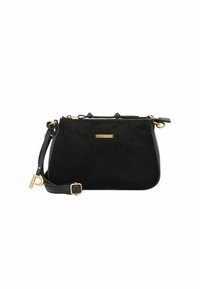 Borsa a spalla in suede nero con hardware dorato, chiusura con zip, tracolla regolabile e forma rettangolare. Presenta una placca metallica del marchio sul davanti.