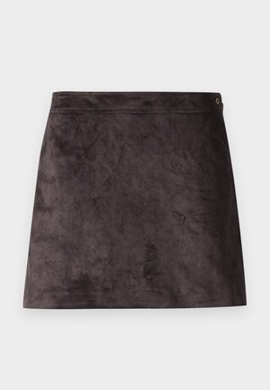 Dark brown suede mini skirt with simple waistband and small metal logo detail on the upper side.