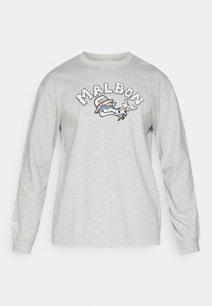 Gray long-sleeve t-shirt made of cotton with a round neckline. Features a graphic print of a cartoonish fish and "MALBON" text in stylized font.