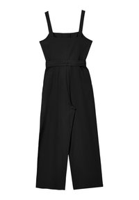 Schwarzer Jumpsuit mit verstellbaren Trägern, tailliertem Bund, weitem Bein und glatter Stofftextur. Hat einen minimalistischen Stil ohne Muster.