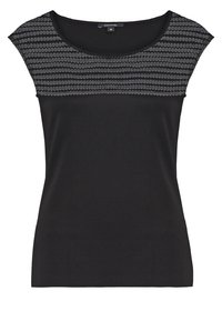 Top noir à manches courtes avec un motif texturé gris sur la poitrine. Tissu lisse, col rond et coupe décontractée.