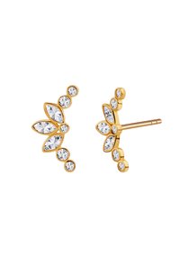 Złote kolczyki w kształcie stud z kwiatowym wzorem, zdobione przezroczystymi kryształami w kształcie gruszek i okręgów, podkreślające zakrzywione kształty i wypolerowane wykończenie.