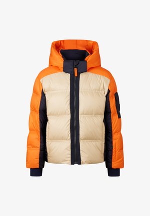 Puffer jacket featuring a beige body, orange and navy contrasting sleeves, and a hood; front zipper closure and elastic cuffs.