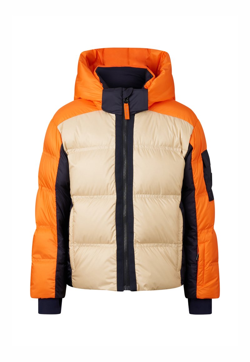 Puffer jacket featuring a beige body, orange and navy contrasting sleeves, and a hood; front zipper closure and elastic cuffs.