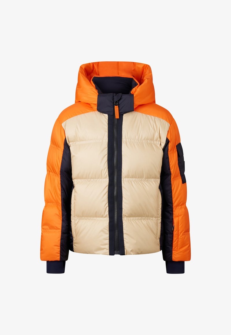 Puffer jacket featuring a beige body, orange and navy contrasting sleeves, and a hood; front zipper closure and elastic cuffs.