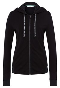 Black zip-up hoodie with a drawstring hood, textured side panels, and printed accent on the drawstrings. Designed for comfort and fit.